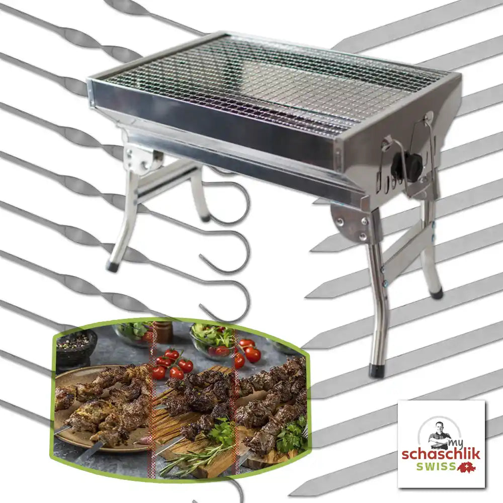 Bundle aus Mangal Schaschlik Grill "Angler" + 10er Set Spiesse + Gourmet-Box 1,5 kg