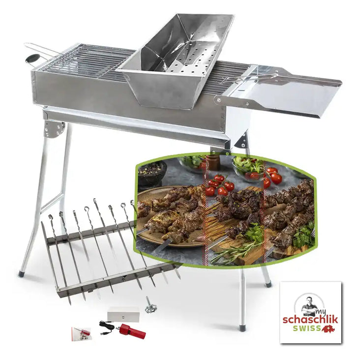 Premium Mangal Schaschlik Grill "President" im ausgeklappten Zustand. Motor Drehspiess und Gourmet-Box als 3er Bundle.